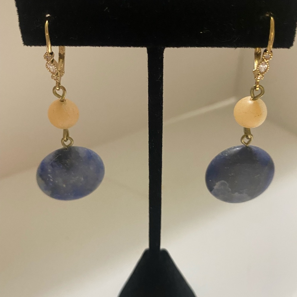 Handmade Blue Stone and Beige Bead Drop Earrings
